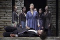 Marissa Molnar (Chorus), Rachel Zampelli (Chorus), Holly Twyford (Electra), Margo Seibert (Chorus), Rebecca Hart (Chorus), Lauren Culpepper (Chorus), and Jay Sullivan (Orestes), Orestes, A Tragic Romp, by Euripides, translated and adapted by Ann Washburn, directed by Aaron Posner, Folger Theatre, 2010. Carol Pratt.